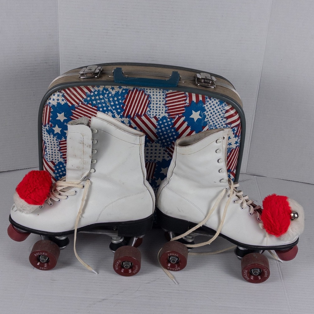 Vintage 70s Roller Derby Skates Women 11 White Retro Quad Case Set Sears Rink